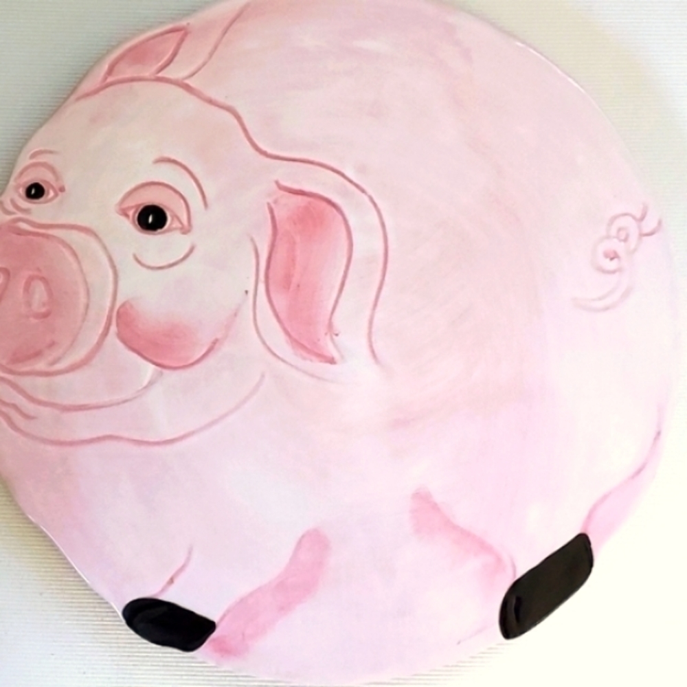 ZANOLLI Plate/Trivet Pig Hand-Painted  Italy Pink & Black